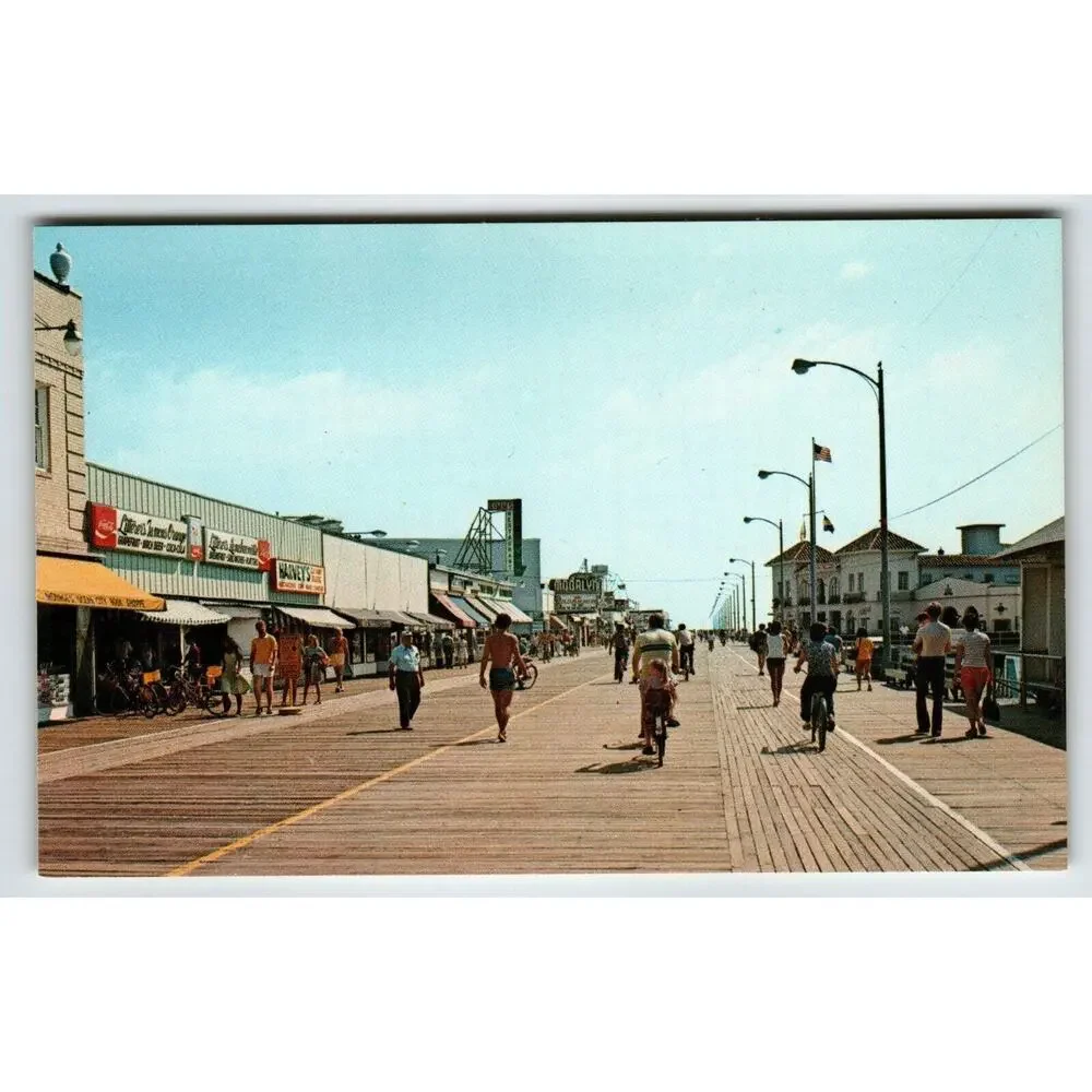 Ocean City Postcard New Jersey Boardwalk Music Pier Coke Sign Harveys Beach Bike